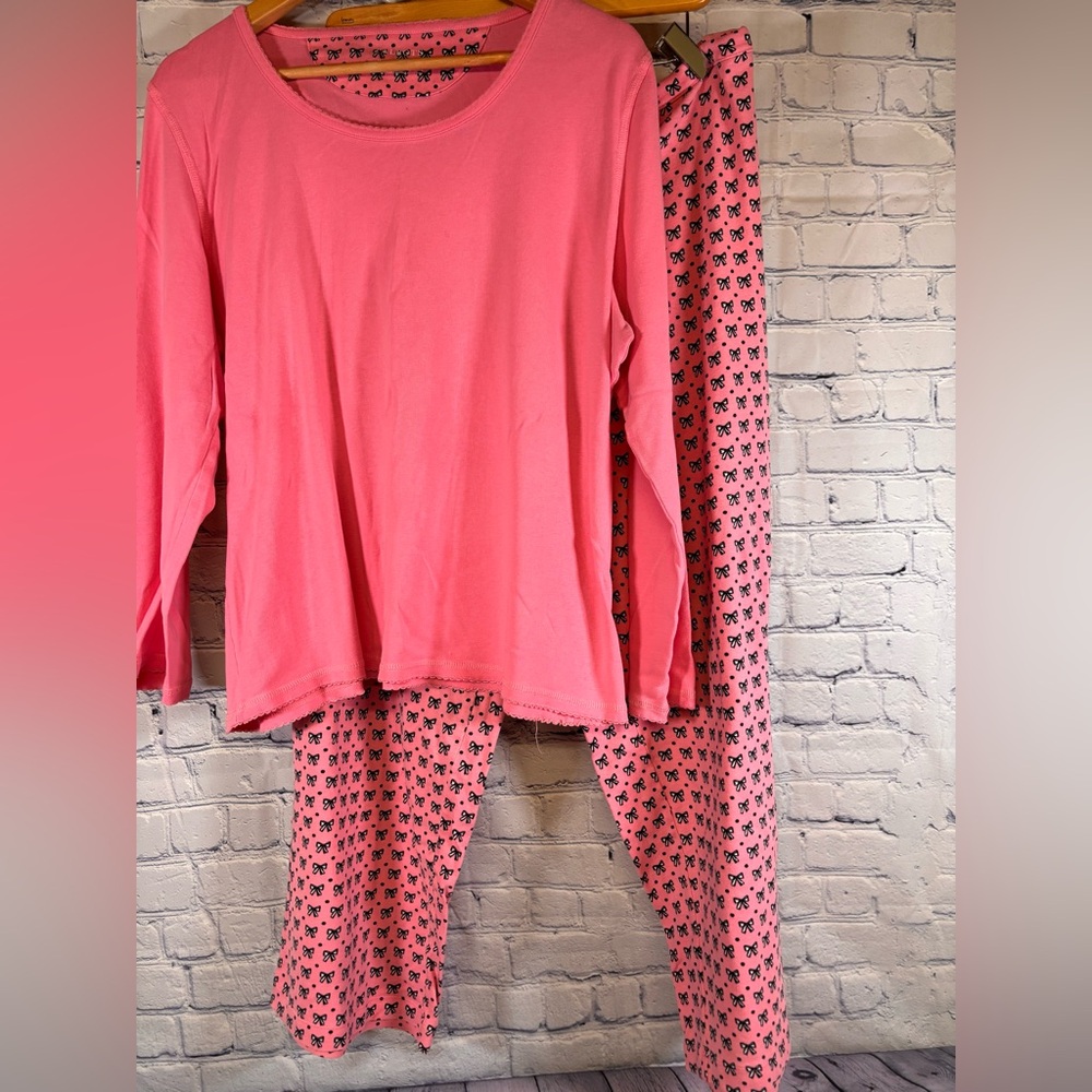 Talbots Pink 2 Piece Dotted Bow Printed Cottagecore Cotton Loungewear Pajamas XL